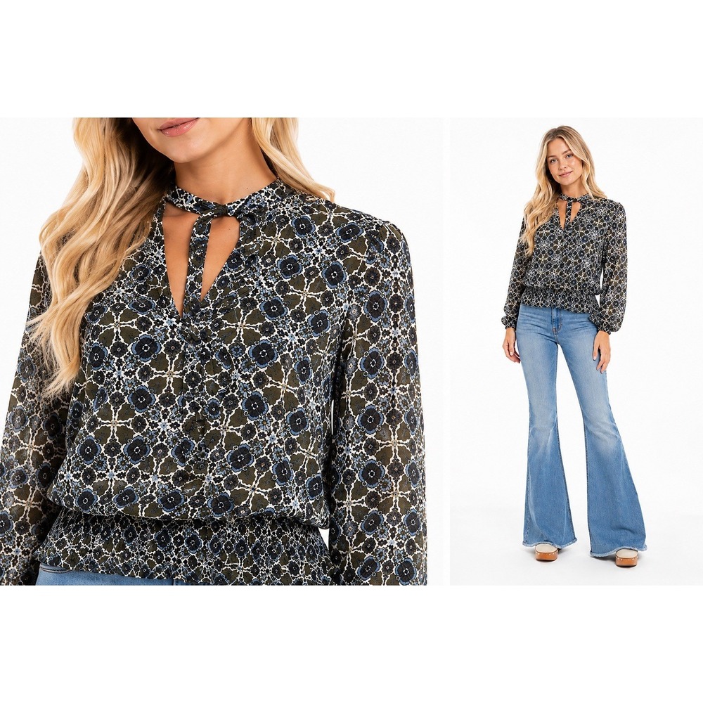 Highline Collective Boho Chic Blouse XL Tie Neck Peasant Top Geometric Retro 70s